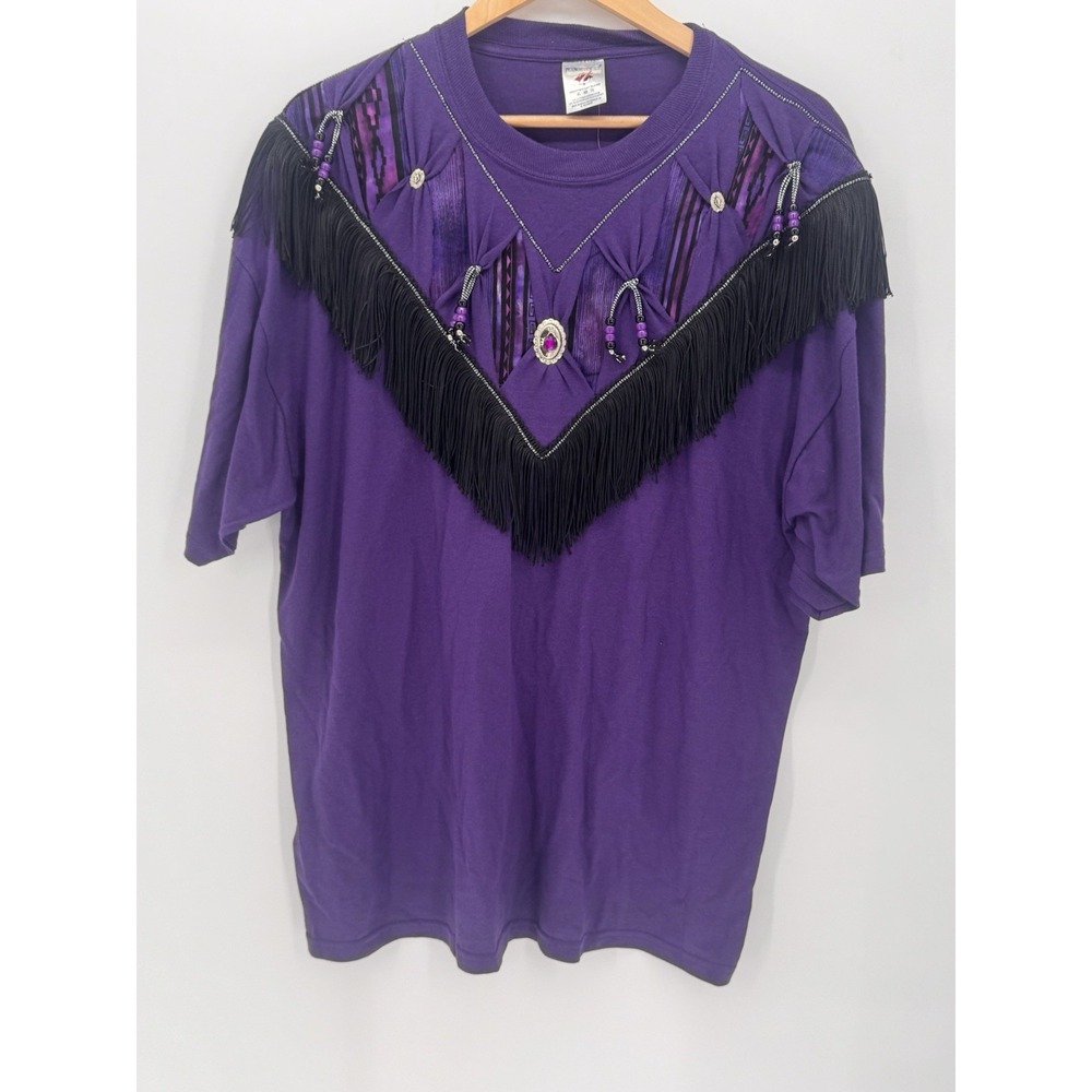 T-Shirt Jerzees Size S Purple Aztec Fringe Western Modified V-Neck Tee XL Bead